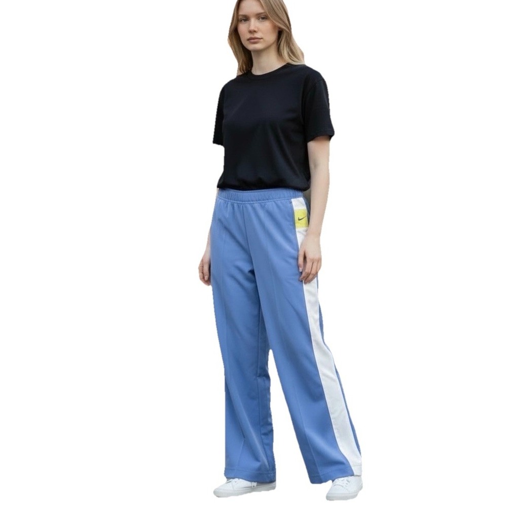 Vintage Nike Track Pants Women's Medium 8-10 Blue White Wide Leg Swoosh Y2K
